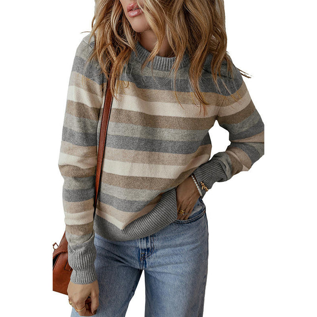 Women's Pullover Round Neck Long Sleeve Top Casual Color Block Printed Sweater
