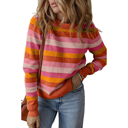 Women's Pullover Round Neck Long Sleeve Top Casual Color Block Printed Sweater