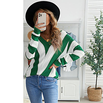 Casual V-neck Loose Sweater Women's Striped Contrast Color Pullover Cardigan