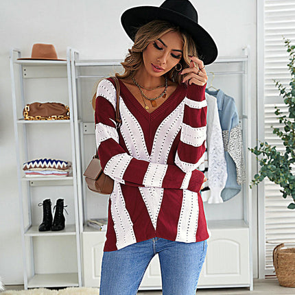 Casual V-neck Loose Sweater Women's Striped Contrast Color Pullover Cardigan