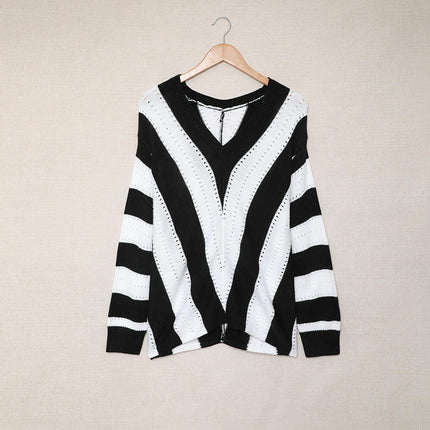 Casual V-neck Loose Sweater Women's Striped Contrast Color Pullover Cardigan