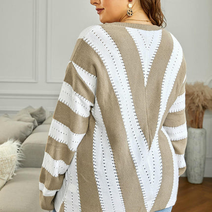 Casual V-neck Loose Sweater Women's Striped Contrast Color Pullover Cardigan