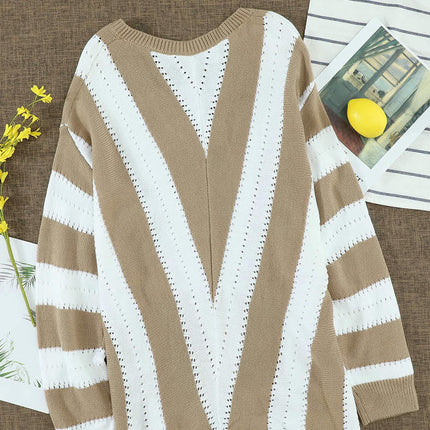 Casual V-neck Loose Sweater Women's Striped Contrast Color Pullover Cardigan