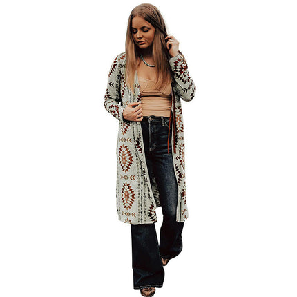 Geometric Print Knitted Cardigan Women's Fashion Retro Long Sleeve Top