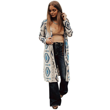 Geometric Print Knitted Cardigan Women's Fashion Retro Long Sleeve Top