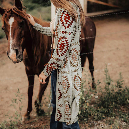 Geometric Print Knitted Cardigan Women's Fashion Retro Long Sleeve Top