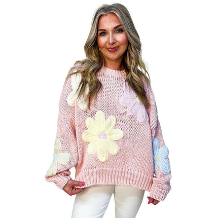 Floral Embroidery Knitted Pullover Women's Long Sleeve Warm Round Neck Sweater
