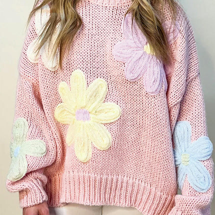 Floral Embroidery Knitted Pullover Women's Long Sleeve Warm Round Neck Sweater
