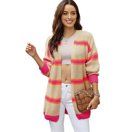 Striped Cardigan Sweater Women's Long Casual Loose Warm Knitted Cardigan