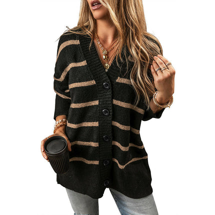 Women's Casual Loose Knit Cardigan Striped V-Neck Drop Shoulder Cardigan Sweater