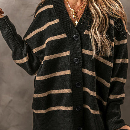 Women's Casual Loose Knit Cardigan Striped V-Neck Drop Shoulder Cardigan Sweater