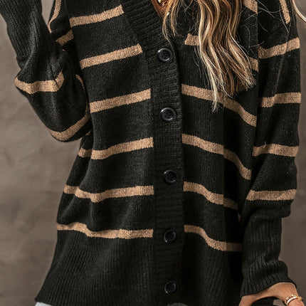 Women's Casual Loose Knit Cardigan Striped V-Neck Drop Shoulder Cardigan Sweater