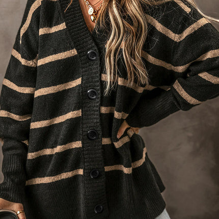 Women's Casual Loose Knit Cardigan Striped V-Neck Drop Shoulder Cardigan Sweater