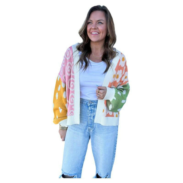 Colorblock Printed Cardigan Sweater Women's Winter Loose Warm Knitted Cardigan