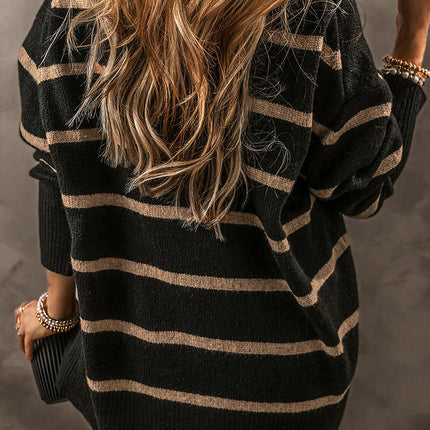 Women's Casual Loose Knit Cardigan Striped V-Neck Drop Shoulder Cardigan Sweater