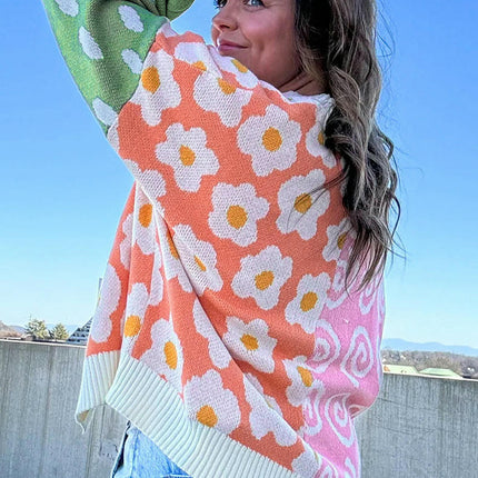 Colorblock Printed Cardigan Sweater Women's Winter Loose Warm Knitted Cardigan