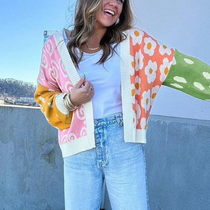 Colorblock Printed Cardigan Sweater Women's Winter Loose Warm Knitted Cardigan