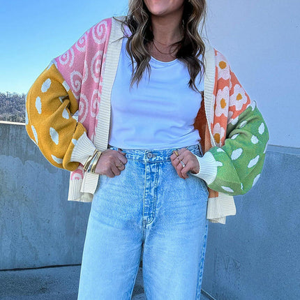Colorblock Printed Cardigan Sweater Women's Winter Loose Warm Knitted Cardigan