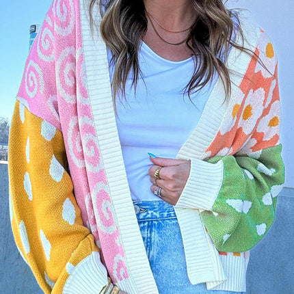 Colorblock Printed Cardigan Sweater Women's Winter Loose Warm Knitted Cardigan