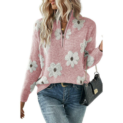 1/4 Zipper Drop Shoulder Sweater Women Fashion Floral Print Long Sleeve Top