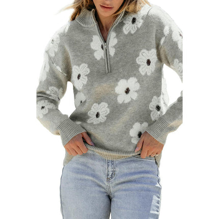 1/4 Zipper Drop Shoulder Sweater Women Fashion Floral Print Long Sleeve Top