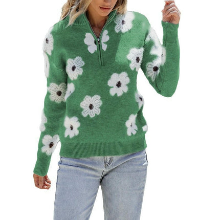 1/4 Zipper Drop Shoulder Sweater Women Fashion Floral Print Long Sleeve Top