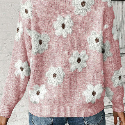 1/4 Zipper Drop Shoulder Sweater Women Fashion Floral Print Long Sleeve Top