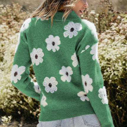 1/4 Zipper Drop Shoulder Sweater Women Fashion Floral Print Long Sleeve Top