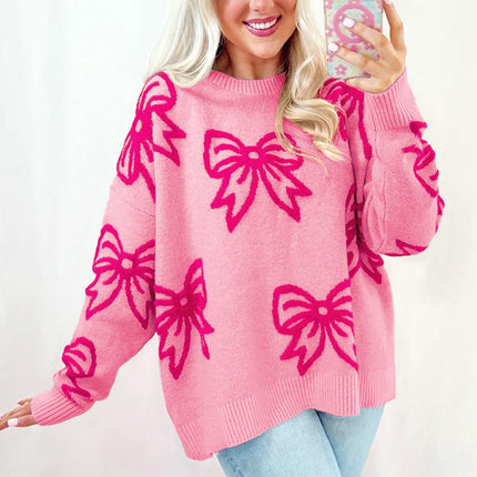 Women's Round Neck Knitted Long Sleeve Top Bowknot Printed Warm Thick Sweater