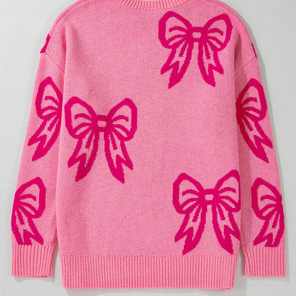 Women's Round Neck Knitted Long Sleeve Top Bowknot Printed Warm Thick Sweater
