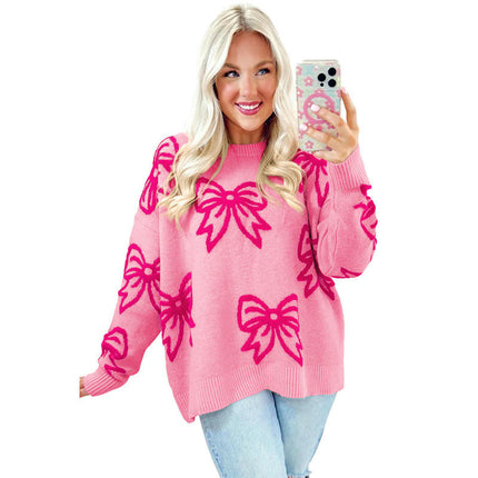Women's Round Neck Knitted Long Sleeve Top Bowknot Printed Warm Thick Sweater