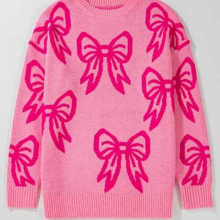 Women's Round Neck Knitted Long Sleeve Top Bowknot Printed Warm Thick Sweater