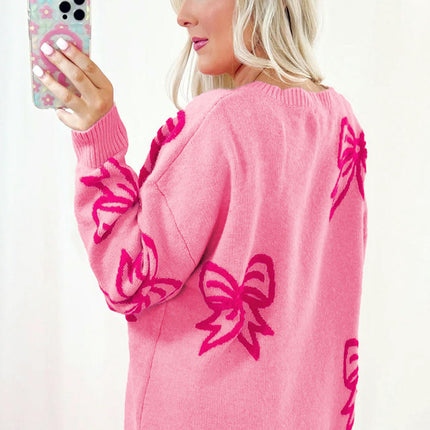 Women's Round Neck Knitted Long Sleeve Top Bowknot Printed Warm Thick Sweater