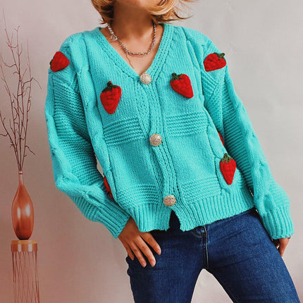 Casual Loose Strawberry Embroidery Button Knitted Sweater Jacket Cardigan Women