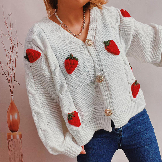 Casual Loose Strawberry Embroidery Button Knitted Sweater Jacket Cardigan Women