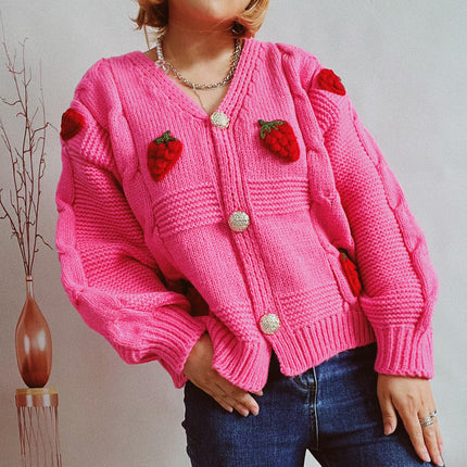 Casual Loose Strawberry Embroidery Button Knitted Sweater Jacket Cardigan Women