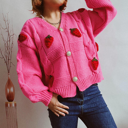 Casual Loose Strawberry Embroidery Button Knitted Sweater Jacket Cardigan Women
