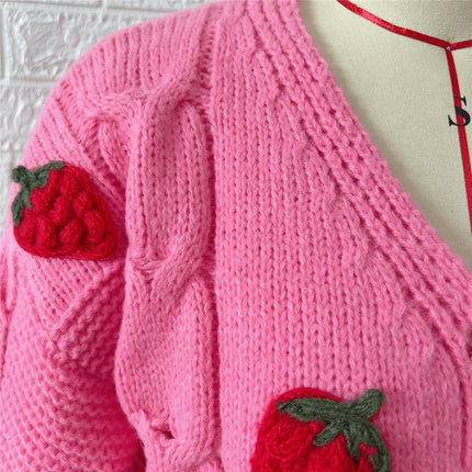 Casual Loose Strawberry Embroidery Button Knitted Sweater Jacket Cardigan Women