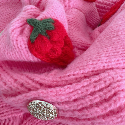 Casual Loose Strawberry Embroidery Button Knitted Sweater Jacket Cardigan Women