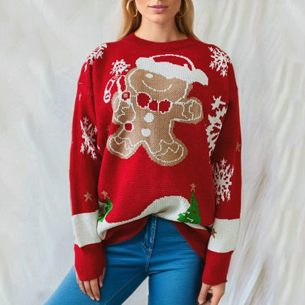 Christmas Cute Snowman Pattern Round Neck Long Sleeve Knitted Pullover Sweater