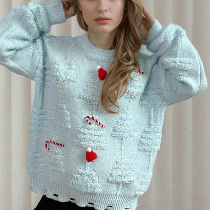 Round Neck Long Sleeve Beaded Flocking New Year Christmas Knitted Sweater
