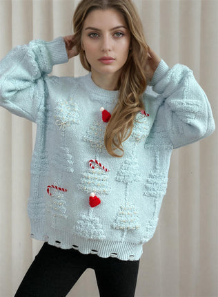 Round Neck Long Sleeve Beaded Flocking New Year Christmas Knitted Sweater