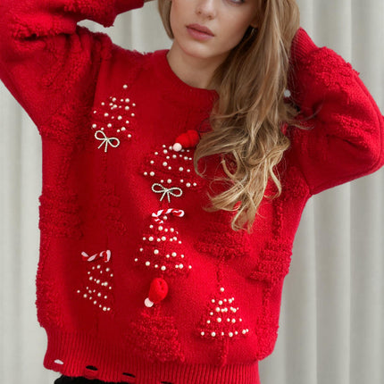 Round Neck Long Sleeve Beaded Flocking New Year Christmas Knitted Sweater