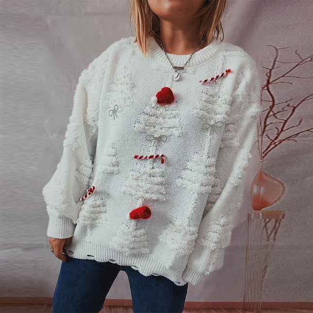 Round Neck Long Sleeve Beaded Flocking New Year Christmas Knitted Sweater