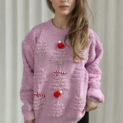 Round Neck Long Sleeve Beaded Flocking New Year Christmas Knitted Sweater