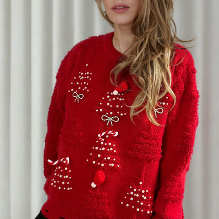 Round Neck Long Sleeve Beaded Flocking New Year Christmas Knitted Sweater
