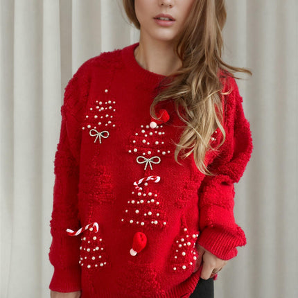 Round Neck Long Sleeve Beaded Flocking New Year Christmas Knitted Sweater