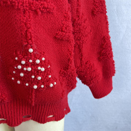 Round Neck Long Sleeve Beaded Flocking New Year Christmas Knitted Sweater