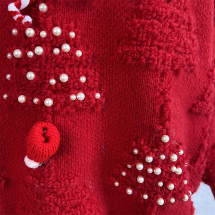 Round Neck Long Sleeve Beaded Flocking New Year Christmas Knitted Sweater