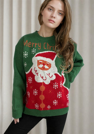 Santa Claus Jacquard Knitted Sweater Cute Pullover New Year Holiday Sweater Women
